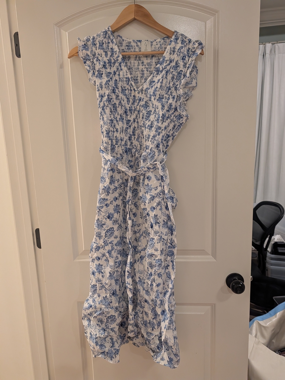 Blue and White Floral V-Neck Women's Dress